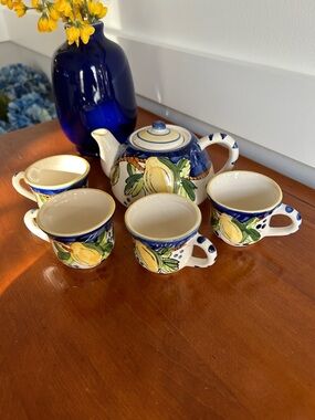 Ceramic Teapot and 4 cups Hand painted Lemon design Vintage artisan tea set